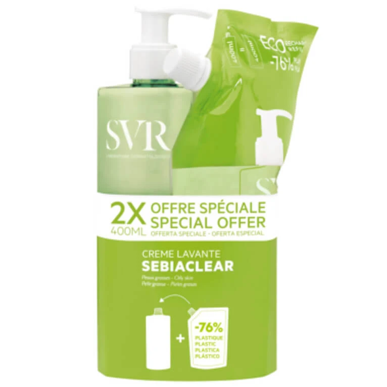 SVR SEBIACLEAR REINIGUNGSCREME FLASCHE + NACHFÜLLUNG 2×400 ml