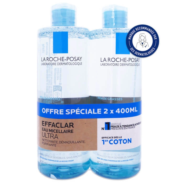 LA ROCHE-POSAY EFFACLAR ULTRA MIZELLENWASSER FÜR FETTIGE HAUT, 2×400 ml-Packung