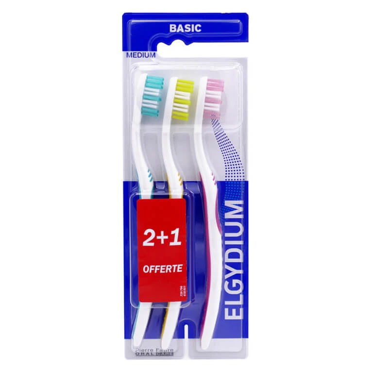 ELGYDIUM BASIC 3ER-PACK MIT ZAHNBÜRSTEN MIT MITTLERER BÜRSTENHÄRTE