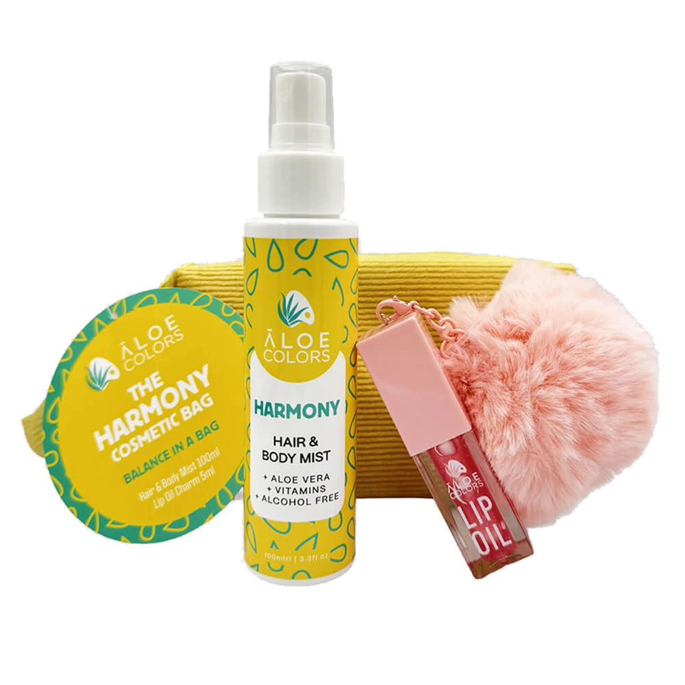 Aloe+ Colors „The Harmony“-Kosmetiktasche mit Haar- und Körper-Mist 100 ml und Lippenöl-Anhänger 5 ml