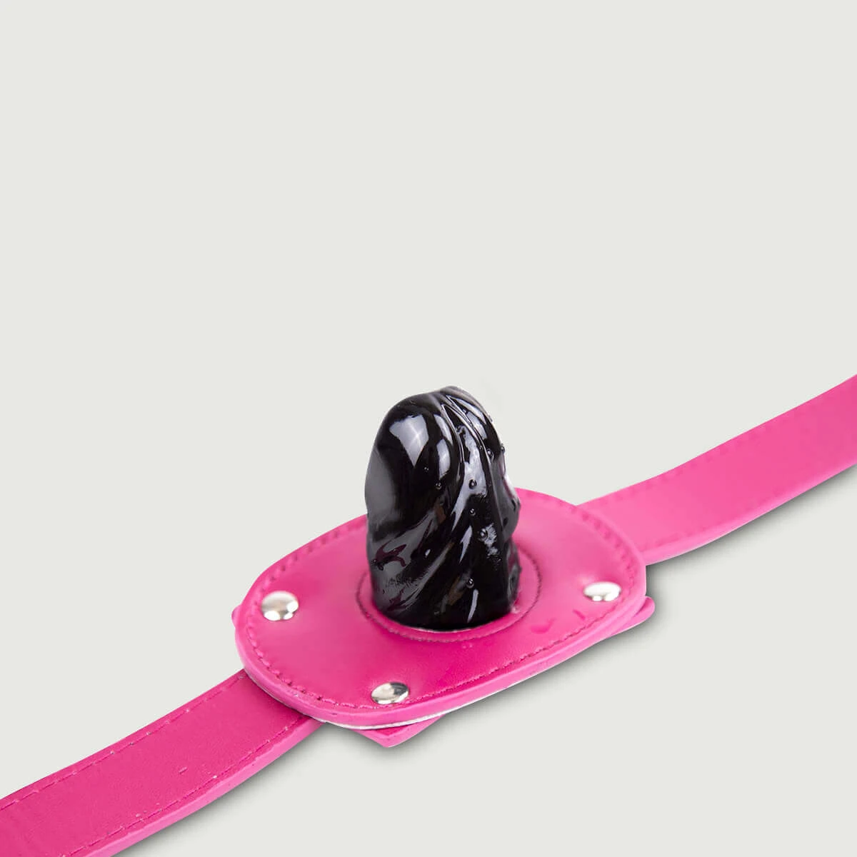 Lederknebel mit realistischem, glänzendem Dildo – Rosa
