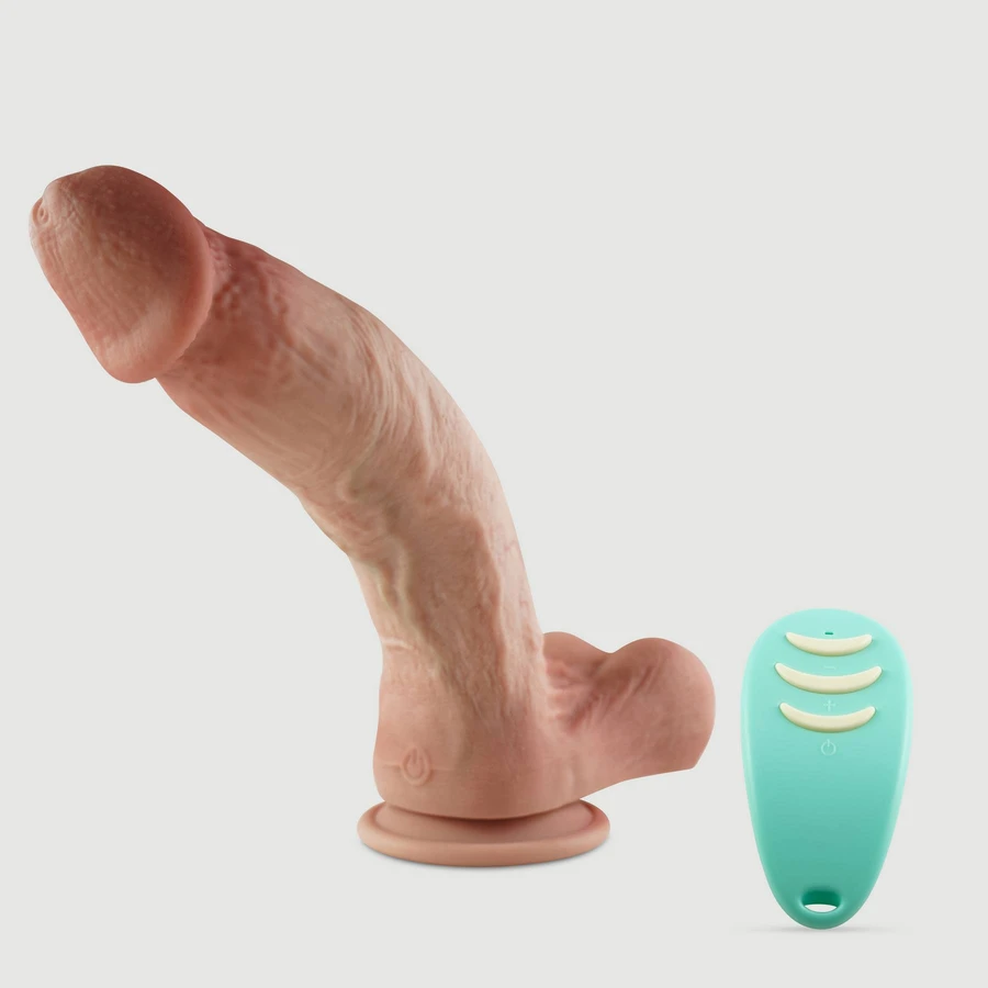 Vibrator din silicon curbat, mare, realist, cu telecomandă, cu biluțe și ventuză, de 27,5 cm – Culoare carne