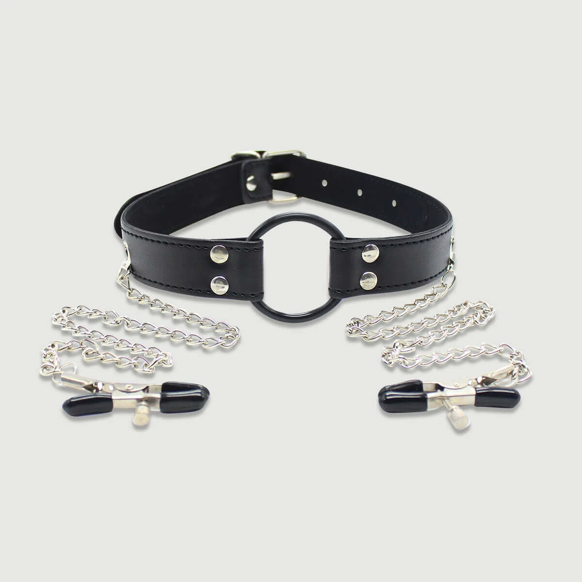 Leder-O-Ring-Knebel mit Nippelklemmen – Schwarz