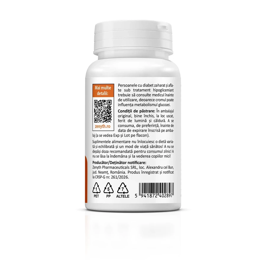 Picolinato de cromo 200 mcg, 60 cápsulas, Zenyth