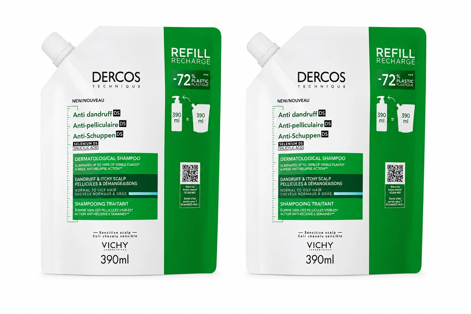 Dercos eco Anti-Schuppen-Shampoo Nachfüllpackung für normales bis fettiges Haar, 2x390 ml, Vichy