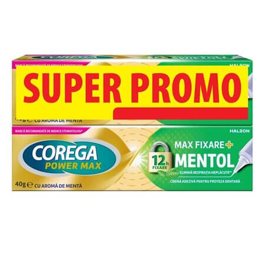 Envase de crema adhesiva dental Corega Max Fixation con mentol, 2 x 40 g, Haleon
