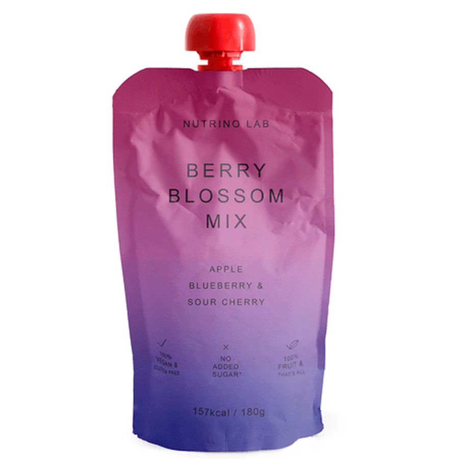 Pasteurisiertes Apfel-, Heidelbeer- und Kirschpüree „Berry Blossom Mix“, 180 g, Nutrino Lab