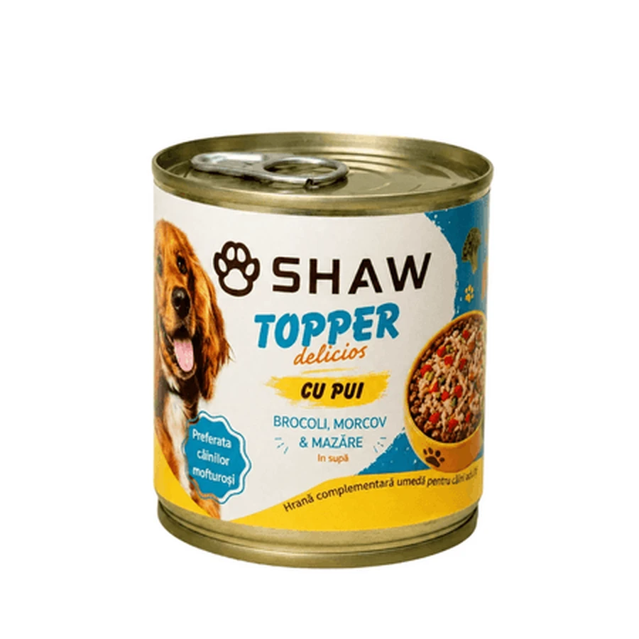 Topper Nassfutter für Hunde mit Hühnerbrust, Möhren, Brokkoli und Erbsen in Brühe, 170 g, SHAW