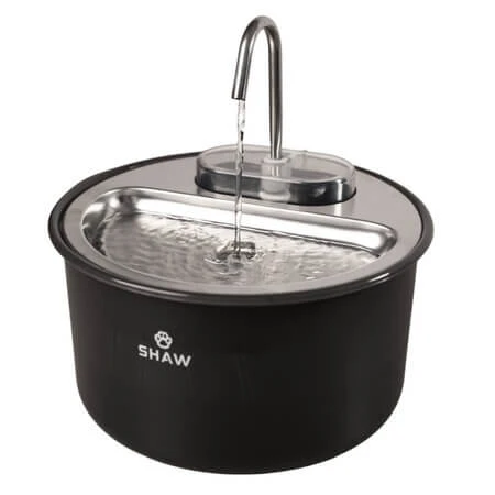 Schwarzer Trinkbrunnen im Wasserhahn-Design für Hunde und Katzen, mit Wasserfilterfunktion, SHAW