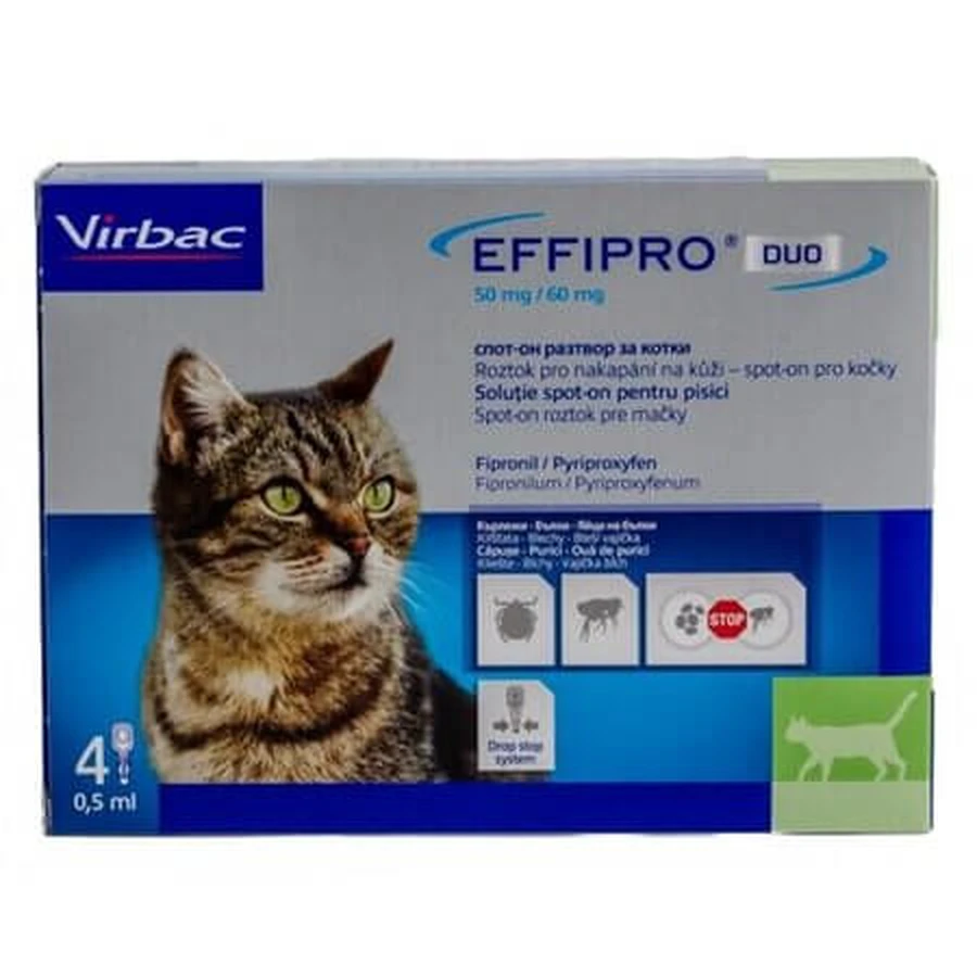 Solutie impotriva puricilor si capuselor pentru pisici Effipro Duo, 4 pipete, Virbac
