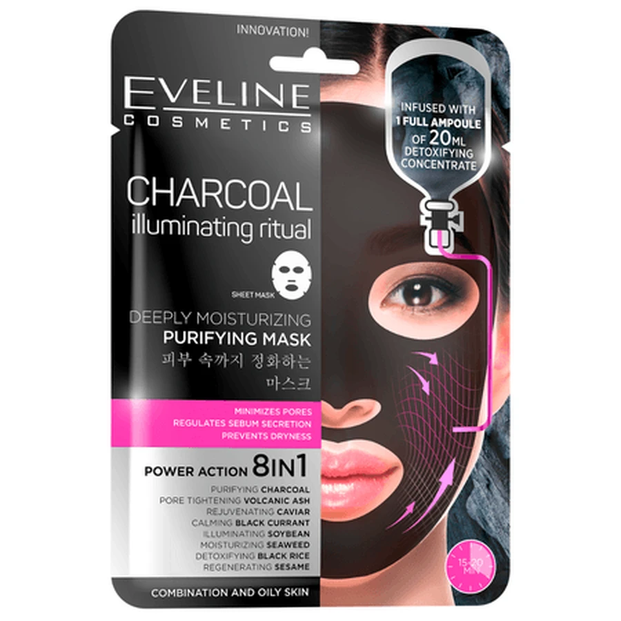 Masque visage purifiant et hydratant « Charcoal Illuminating Ritual », 20 ml, Eveline Cosmetics