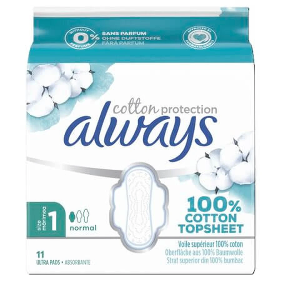 Absorbante din bumbac Normal Cotton Protection, Marimea 1, 11 bucati, Always
