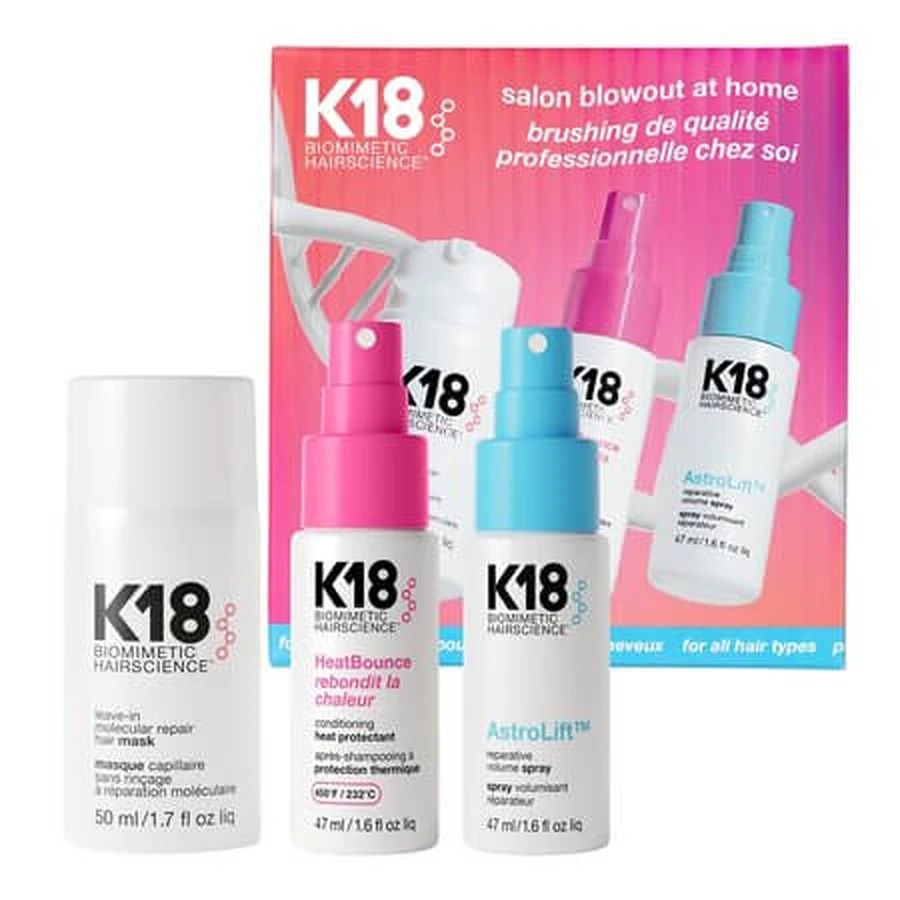 Set de cuidado capilar «Salon Blowout at Home» para protección térmica y peinado, K18