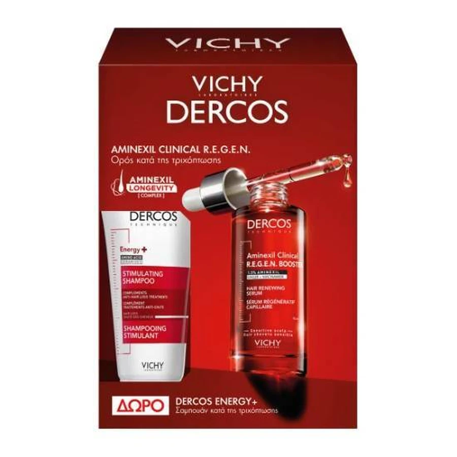 VICHY Dercos Aminexil Clinical R.E.G.E.N. Booster Siero rinforzante per capelli, 90 ml e in omaggio Shampoo Dercos Energy+ — Shampoo rivitalizzante anticaduta, 50 ml, 1 set