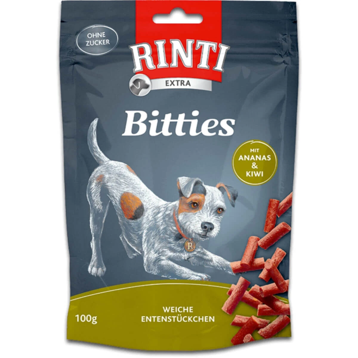 RINTI Bitties, XS–XL, Ente und Ananas, getreidefreie Hundeleckerlis, halbfeucht, 100 g