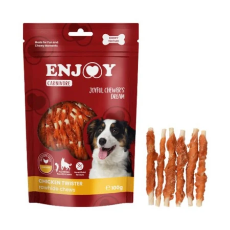 ENJOY Carnivore Twister Rawhide Chews, XS–XL, Chicken, Dog Treat Pouch, 100g