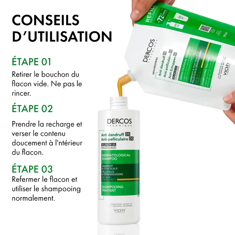 Vichy Dercos Șampon tratament anti-mătreață DS reîncărcare ecologică, 3x390 ml