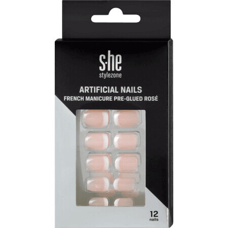 S-he colour&amp;style Artificial nails french rose with applied glue, 1 Set